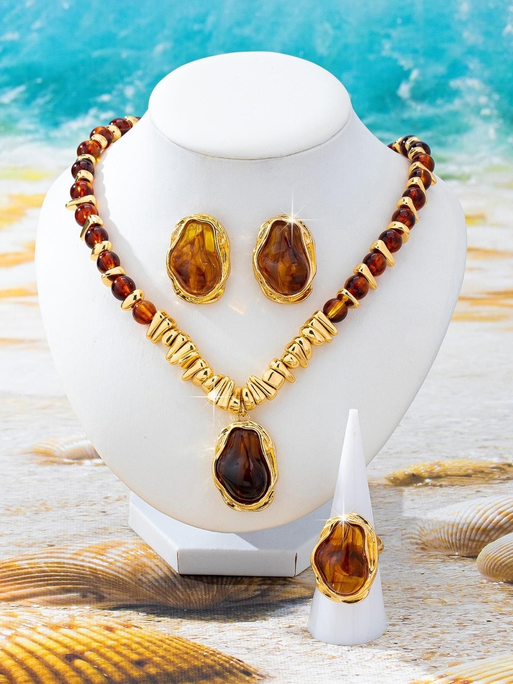 Gold-Tone Amber Resin Necklace & Earring Set - Women Jewelry